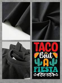 Camiseta gráfica para mujer Taco Bout A Fiesta, con un lindo estampado de cactus y sombrero de paja, una blusa informal de manga corta y cuello redondo, y un divertido atuendo para celebrar el Cinco de Mayo. Talla extragrande. - Negro - Ver 4