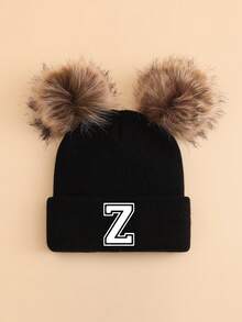 1 pieza Gorro de punto personalizado con letra A-Z para niños, gorro de punto suave y cómodo con doble pompón, adecuado para otoño/invierno, vuelta al colegio, cálido y a prueba de viento para niños y niñas