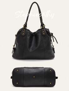 STEPHIECATHY 哥特朋克街头风格手提包女式复古刷色软洗 PU 素食皮革铆钉长肩带斜挎包单肩手提包大容量通勤包可容纳 13 英寸笔记本电脑多功能多口袋休闲日常旅行外出学院 - 銅色 - 查看 9