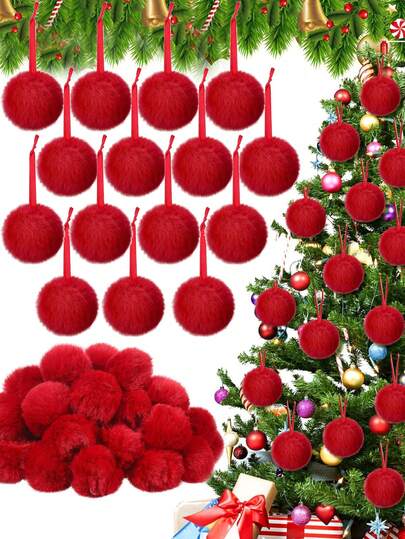 12/6/2pcs Red Christmas Pompoms, Christmas Ornaments, Christmas Ornaments Pompom Hanging Decorations, Fluffy Christmas Ornaments Suitable For Christmas Tree Home DIY Craft Decoration