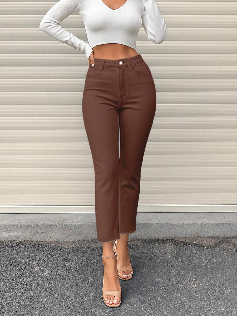 Women's Frayed Hem Skinny Straight Tapered Leg Jeans, Cigarette Pants, Fall Clothes