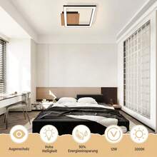 Luz de techo LED para cocina - Blanco cálido 3000K, lámpara de techo de madera moderna de 12W, diseño cuadrado negro para cocina, sala de estar, dormitorio, pasillo y comedor