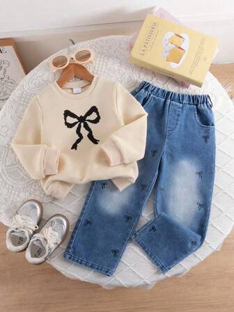 2pcs Baby Girls' Cute Bow Printed Sweatshirt And Pants Set, Casual And Fashionable Outfit For Daily, Outdoor, Commuting, School, Holiday And Photo Shooting, Suitable For Spring And Autumn