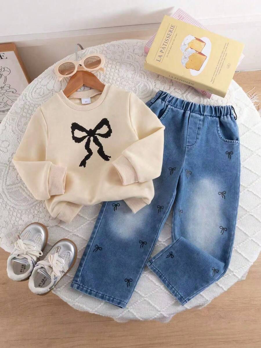 2pcs Baby Girls' Cute Bow Printed Sweatshirt And Pants Set, Casual And Fashionable Outfit For Daily, Outdoor, Commuting, School, Holiday And Photo Shooting, Suitable For Spring And Autumn