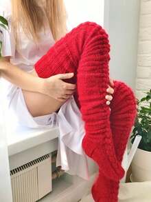 1 Đôi tất len cao đến đùi màu trơn, tất trùm đầu gối, lót nhiệt dày dành cho nữ, thích hợp cho mùa thu/đông, ngày lễ và tụ họp, tất ấm áp - Đỏ - Xem 5