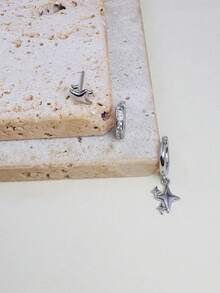 3pcs/Set Delicate Star Shaped Stud Earrings Set, Silver Color, Low Allergy, Elegant Star Cartilage Dangle Earrings, Suitable For Daily Wear, Sensitive Ears, Multiple Piercings, Unisex - Silver-4# - View 3