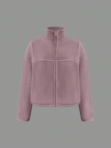 Women's Casual Fashion Stand Collar Drop Shoulder Sleeve Chest Splice Distressed Design Fuzzy Purple Jacket, Autumn/Winter