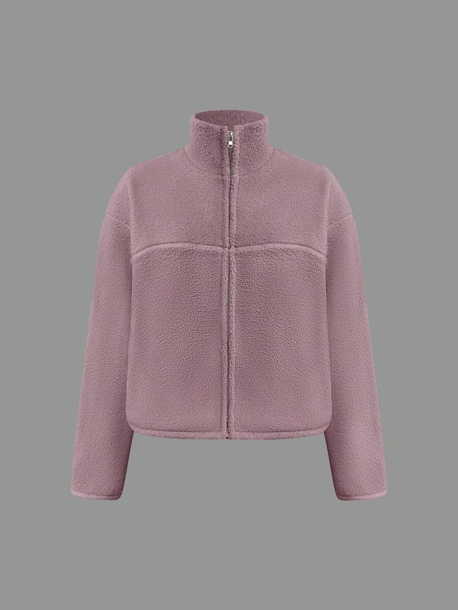 Women's Casual Fashion Stand Collar Drop Shoulder Sleeve Chest Splice Distressed Design Fuzzy Purple Jacket, Autumn/Winter