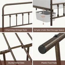 Butterslay Vintage Industrial Metal Platform Bed Frame - 12 Iron Slats Support, 12.6'' Underbed Storage & High Headboard/Footboard, No Box Spring Needed, Twin/Queen/King/Full - Đồng - Xem 5