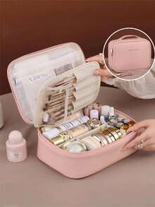 Pink Waterproof PU Leather Multifunctional Makeup Bag Double-Layer Large Capacity Portable Travel Cosmetic Bag Toiletries Storage Bag With Handle For Woman Dividers PU Makeup Bag Brush Storage Bag Men Business Wash Bag Travel Essentials Holiday Vacation Makeup Organizer Travel Bag For Women