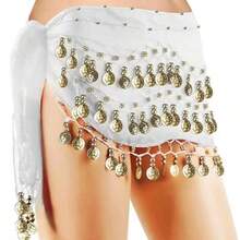 1pc Belly Dance Waist Chain Costume, Metal Mesh Waistband Bodysuit Decor, Gold Coin Waist Sash For Dance, Boho Style - White - View 2