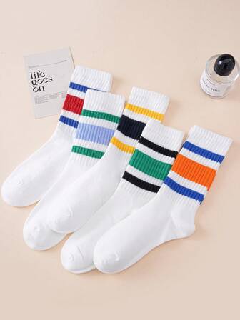 1 Pair/5 Pairs Autumn/Winter Sports & Casual Striped Mid-Calf Socks, Unisex Breathable & Comfortable Daily Wear, Dopamine Color Set, Ideal Gift For Friends, Suitable For Outdoor Activities