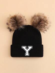 1 pieza Gorro de punto personalizado con letra A-Z para niños, gorro de punto suave y cómodo con doble pompón, adecuado para otoño/invierno, vuelta al colegio, cálido y a prueba de viento para niños y niñas