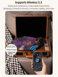 Tourne-disque vinyle trois vitesses portable sans fil avec haut-parleurs intégrés, tourne-disque à entraînement par courroie prenant en charge la connectivité sans fil/USB/carte SD, sortie RCA/entrée AUX/prise casque pour profiter d'une qualité sonore vintage (marron rétro)