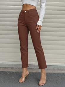 Women's Frayed Hem Skinny Straight Tapered Leg Jeans, Cigarette Pants, Fall Clothes