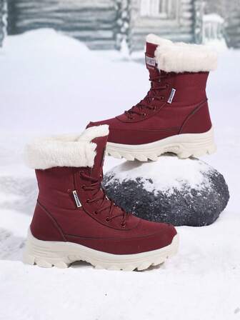 女士雪地靴，女士冬靴：米色人造毛皮内衬中筒靴，纯色圆头款式，合成鞋面，超柔软纤维内衬面料鞋垫，专为女性设计，适合户外活动、日常休闲穿着和寒冷天气，保暖内衬，厚 TPR 外底，人造毛皮饰边，舒适，户外鞋，时尚冬季鞋类，也是送给女性的贴心礼物。