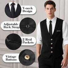 1920s Mens Costume, Roaring 20s Costumes Men, 1920S Mens Outfit Accessories With Vest Hat Pocket Watch Tie Armband - 加大尺寸+黑色(含腰帶) - 查看 3