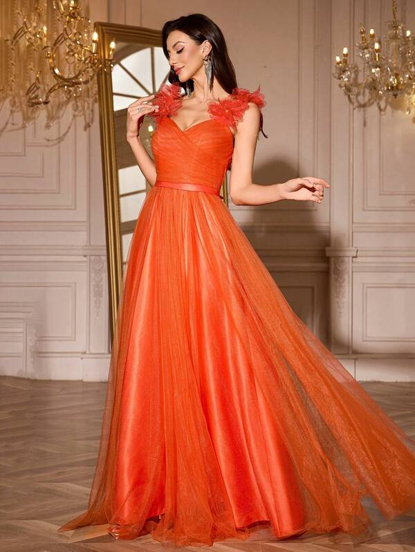 Elegantes Damen Kleid mit hoher Taille, gerafft, Mesh-Stoff mit Blumenmuster, Spaghettiträger, ausgestellter Saum, geeignet für Brautjungfern, Hochzeiten, formelle Anlässe, Galas, Abschlussfeiern, Dinnerpartys