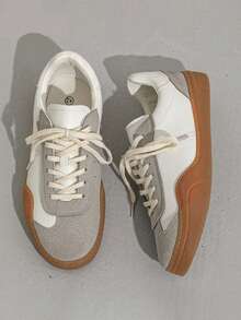 Retro Lace-Up Flat Casual Sneakers For Teens, Round Toe Color Block Low-Top Couple Sports Shoes, Versatile & Comfortable Outdoor Skateboard Shoes