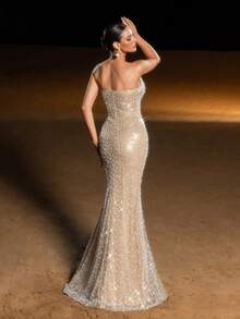 Faeriesty 奢华串珠美人鱼晚礼服，心形领口，精致波浪形串珠，修身胸衣凸显腰线，及地长裙侧开衩，适合婚礼、舞会、晚宴、正式招待会、生日派对、夏季度假派对等场合，尽显优雅春日风情。 - 杏色 - 查看 3