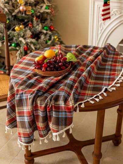 1 件圣诞快乐格子圆形桌布，直径 47/55 英寸，厚拉绒编织面料，咖啡桌盖，农舍家居装饰，厨房装饰，适合餐饮、聚会、野餐、节日、派对、圣诞节、新年装饰和礼物，秋季