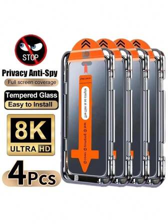 4 Pcs Full Cover Privacy Screen Protector For IPhone 17/17 Air/16/15/14/13/12/11/16 Pro Max/15 Pro Max/Plus/Mini/X/XS/XR/XS Max, 9H Tempered Glass Film, Dynamic Island Compatible, Anti-Scratch, Anti-Fingerprint, Case Friendly