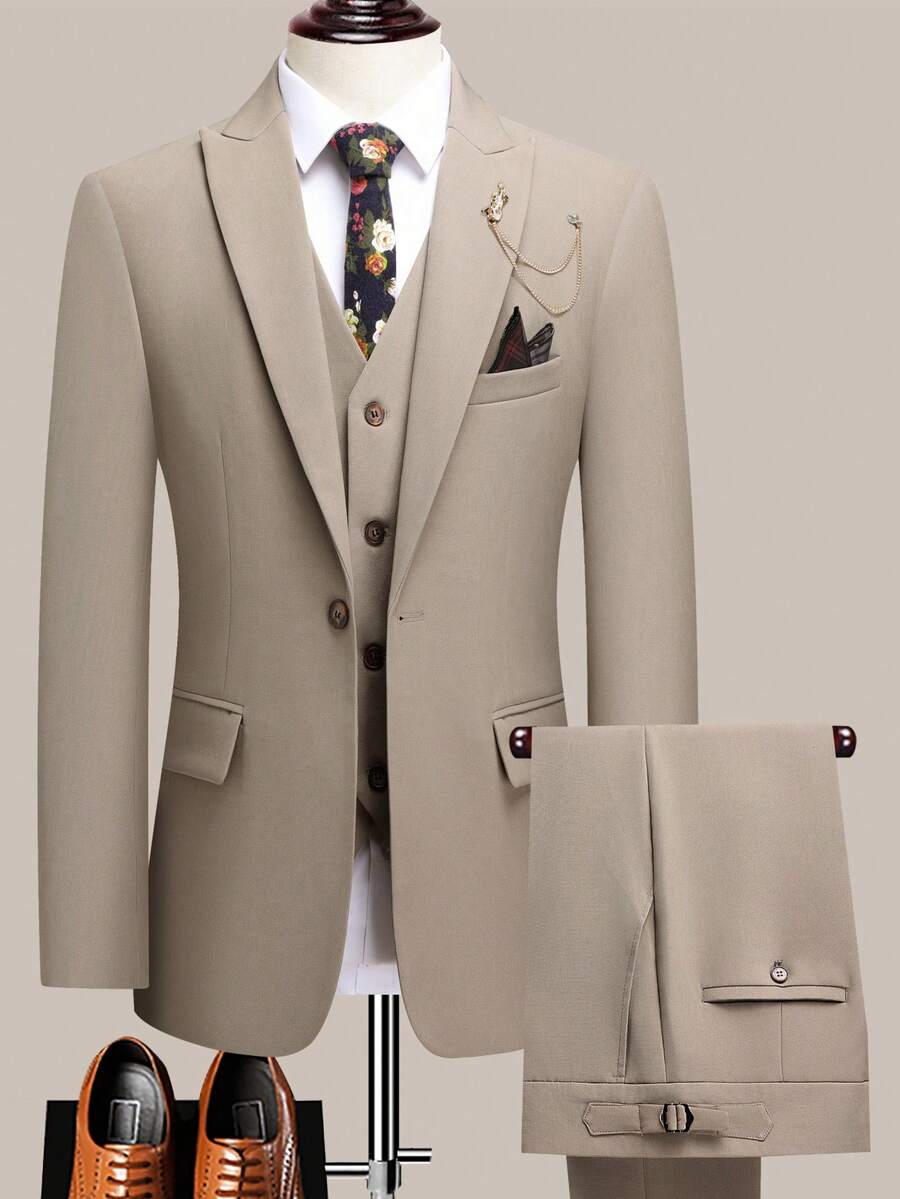 The Latest Men's Solid Color Suit Two-Piece Set With Lapel Collar And Double Breasted Buttons For Four Seasons, Men's Business Suit, Formal Business Casual Wedding Dress - Màu Khaki - Xem 1
