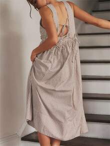 Women's Sleeveless Dress Scoop Neck Plaid Print Loose Dress - 卡其色 - 查看 4