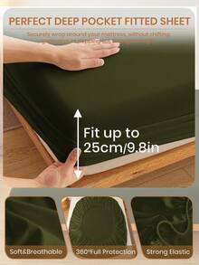 1件超柔软纯色床笠，床上用品，轻薄床笠，深绿色床垫罩，深口袋设计，柔软透气，适用于单人床、双人床、大号床、特大号床，四季皆宜，家居装饰，可机洗 - 軍綠色 - 查看 5