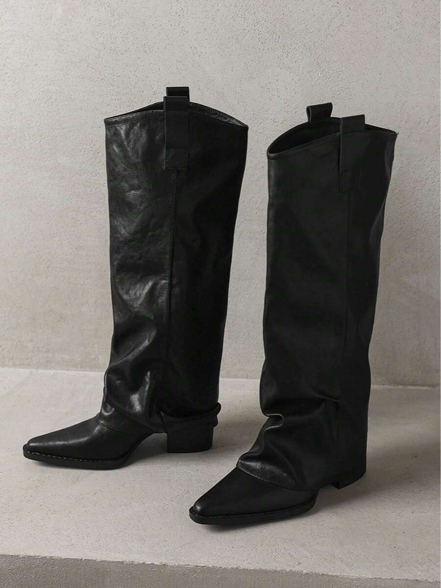 Bottes hautes à talon épais avec pointe pointue plissée, style vintage classique. Confortable pour le port quotidien, automne/hiver - Noir - Voir 1