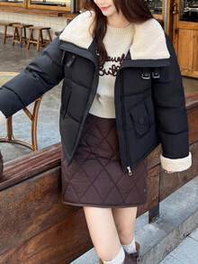 Cappotto corto imbottito e chic da donna, con colletto e polsini in pelliccia sintetica, caldo, invernale, a maniche lunghe, vestibilità regular, con zip e tasche