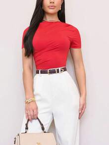 Women's Babylook Shirt Blouse Short Sleeve Elegant Draped Comfort Style  Launch 2025 - 紅色 - 查看 2