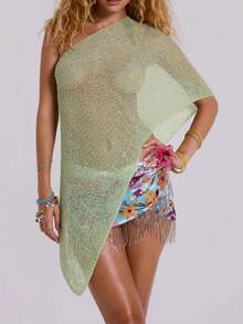 Women Sheer Poncho Shrug Lightweight See Through Knitted Mesh Shawl Y2k Asymmetrical Poncho Tops Cover Ups - 綠色 - 查看 3