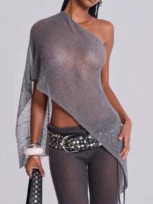Women Sheer Poncho Shrug Lightweight See Through Knitted Mesh Shawl Y2k Asymmetrical Poncho Tops Cover Ups - Bạc - Xem 1