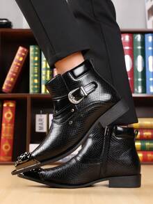 1 Pair Men's Fashion Korean Style Metal Toe Side Zipper Leather Boots, Autumn/Winter New Personalized Versatile Casual Buckle Black Ankle Boots, Suitable For Daily Casual Wear - Black - View 3