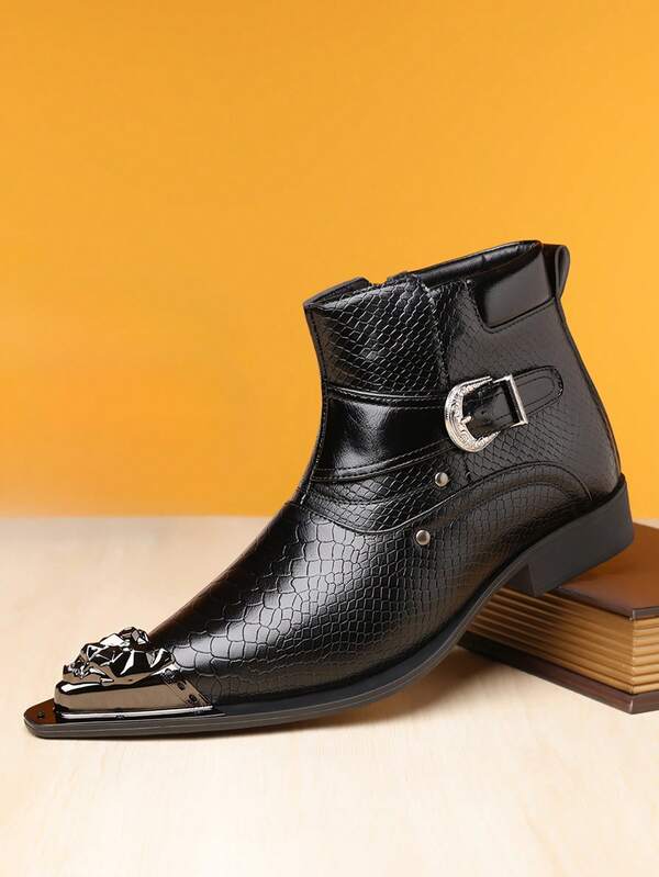 1 Pair Men's Fashion Korean Style Metal Toe Side Zipper Leather Boots, Autumn/Winter New Personalized Versatile Casual Buckle Black Ankle Boots, Suitable For Daily Casual Wear