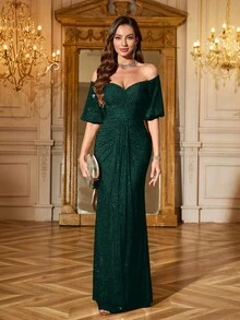 Elisanya UNITHORSE Rochie elegantă de seară, mulată, cu paiete strălucitoare, fără spate, cu umeri goi, rochie de mireasă, ținute de ziua de naștere, rochie de absolvire, rochie formală, haine de toamnă pentru femei - Verde inchis - Vizualizare 2