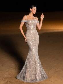 Faeriesty Haute Glamour Luxe Beaded Sequin Mermaid Evening Gown With Off-Shoulder Thin Straps – Intricate Flowing Wave Beadwork On Bodice & Skirt, Form-Fitting Silhouette & Dramatic Mermaid Flared Skirt For Galas, Weddings, Proms & High-End Evening Parties