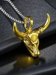 1pc Punk Hip-Hop Bull Head Pendant Stainless Steel Necklace, Men's Fashion Stainless Steel Necklace - Gold - View 3