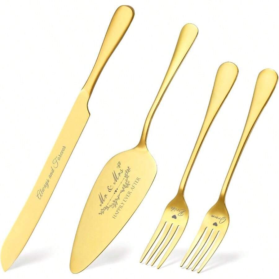 Wedding Cake Knife And Server Set, Gold Cake Cutting Set Wedding, 4 Pieces Set With Forks Engagements, Anniversaries, Bride And Groom - 金色 - 查看 1