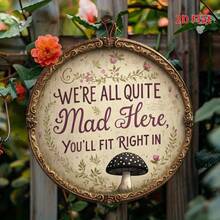 [2D Flat] Vintage "We're All Quite Mad Here" Metal Wall Art - 7.8" Round Iron Sign With Floral & Mushroom Design, Bohemian & Rustic Style, Perfect For Home, Bedroom, Office, Cafe, Or Garden Decor, Unique Gift Idea, Garden Wall Art | Bohemian Decor | Iron Wall Art, Mushroom Decor - 彩色 - 查看 9