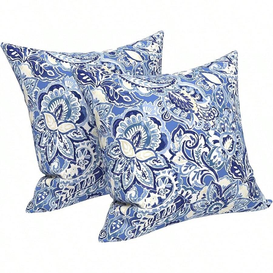 Outdoor/Indoor Throw Pillows, 18x18 Square Pillows With Inserts Bed, Couch, Sofa & Patio Furniture (Set Of 2, Monstera Blue), Decorative Pillows - 花色藍紫色 - 查看 1