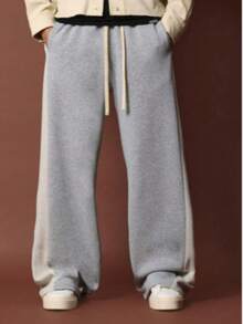 Men's Casual Loose Straight Wide Leg Pants With Color Blocking - Grey - View 2