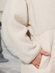 Astrid Plus Size Hooded Long Winter Coat Contrast Teddy Fleece Fur Patchwork Quilted Women Winter Clothes Casual Zip-Up Padded Coat - Beige - View 11