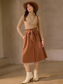 Wildy Women Casual Solid Paperbag Waist Belted Skirt - Rust Brown - View 3