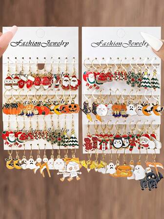 10件/40件可爱卡通万圣节圣诞派对耳环套装，创意简约圣诞树、圣诞老人、姜饼人、南瓜、蝙蝠吊坠耳环