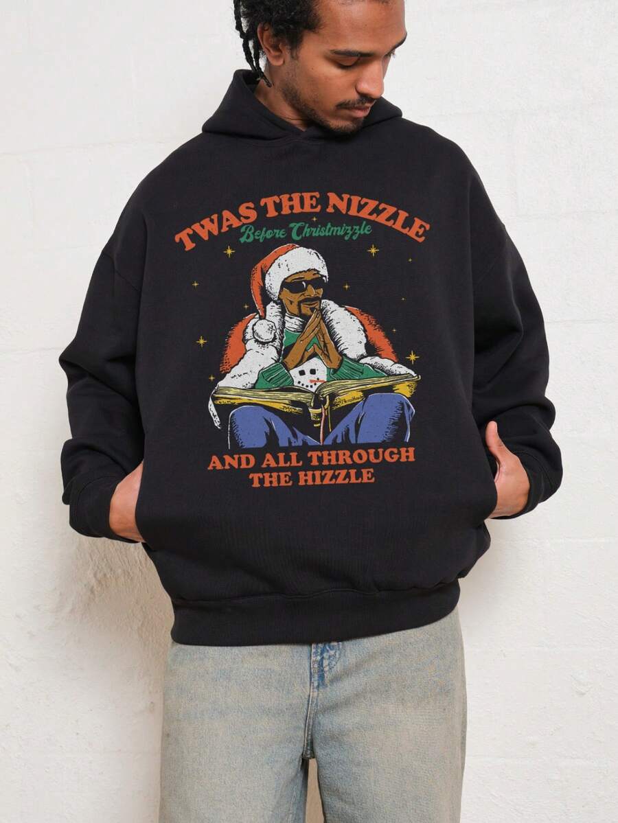 1pc Winter Vintage Classic Pullover Warm Hoodie For Men Soft Breathable Graphic Hoodie For Men - All-Season Casual Sweatshirt With Pocket, Machine Washable Polyester - 黑色 - 查看 1