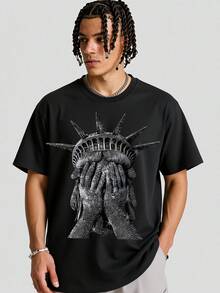 Sparkling Statue Of Liberty Graphic Tee (180g Cotton T-Shirt) Print Pattern Diamond - Effect Liberty Statue Tee. Men's Summer Round Neck Short Sleeve T-Shirts, Fashion Printed T-Shirts, Unisex T-Shirts, Casual And Comfortable To Wear - 黑色 - 查看 1