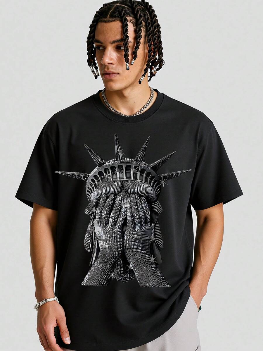 Sparkling Statue Of Liberty Graphic Tee (180g Cotton T-Shirt) Print Pattern Diamond - Effect Liberty Statue Tee. Men's Summer Round Neck Short Sleeve T-Shirts, Fashion Printed T-Shirts, Unisex T-Shirts, Casual And Comfortable To Wear - 黑色 - 查看 1