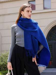 1条女士简约纯色仿羊绒围巾，学院风披肩，适合换季、日常佩戴，防风保暖，新年礼物 - 藍色 - 查看 3